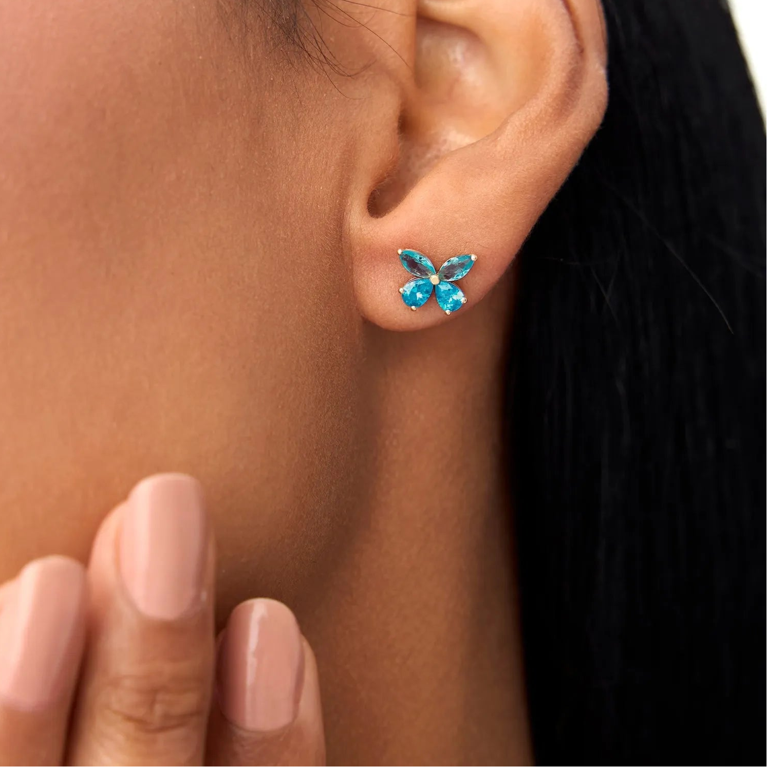 14K Solid Gold Marquise and Pear Cut London Blue Topaz Butterfly Stud Earrings 1.75ctw