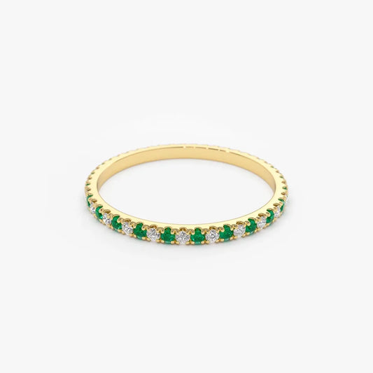 14K Solid Gold Round Emerald and Diamond Alternating Eternity Ring 0.36 CTW U Setting Micro Pave