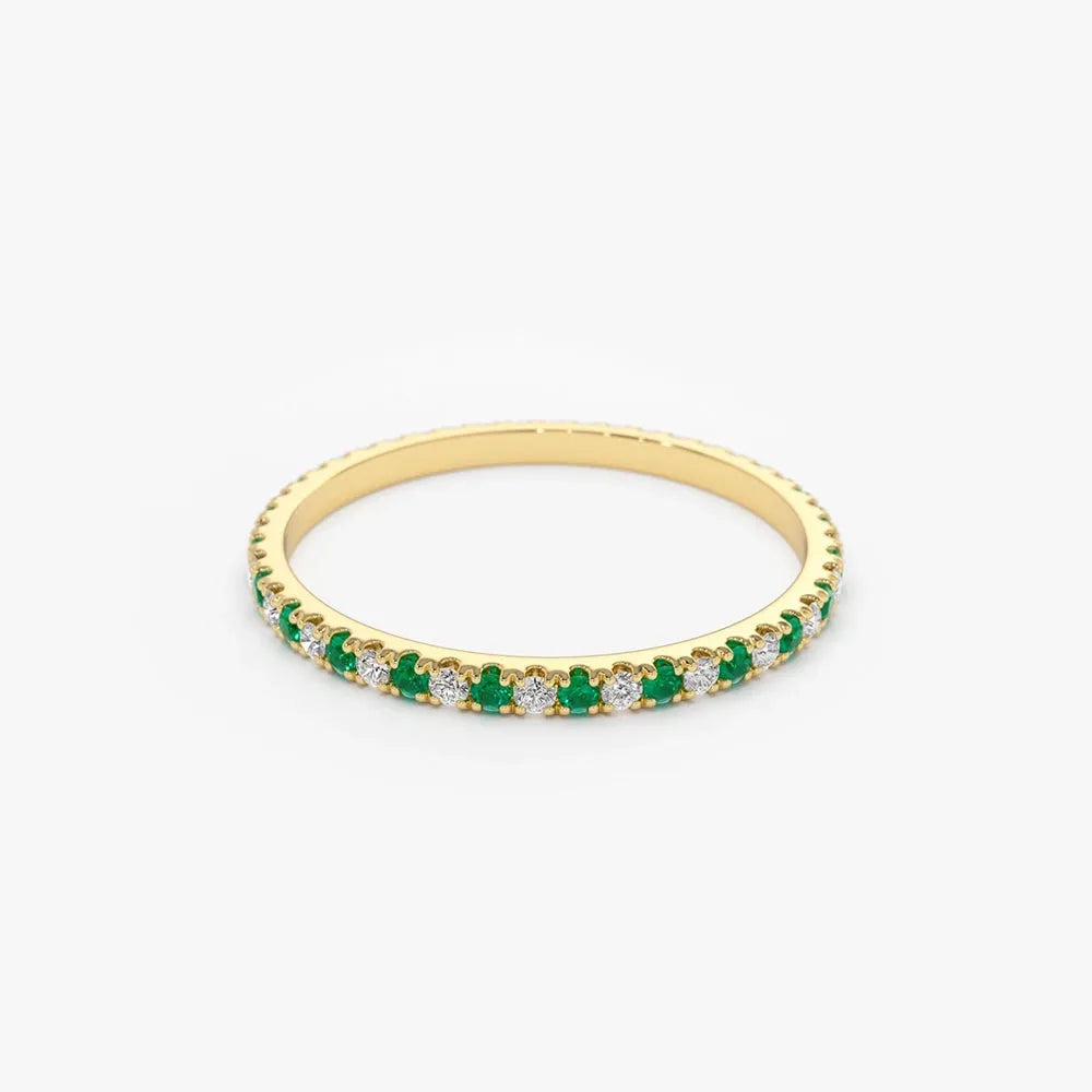 14K Solid Gold Round Emerald and Diamond Alternating Eternity Ring 0.36 CTW U Setting Micro Pave
