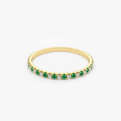 14K Solid Gold Round Emerald and Diamond Alternating Eternity Ring 0.36 CTW U Setting Micro Pave
