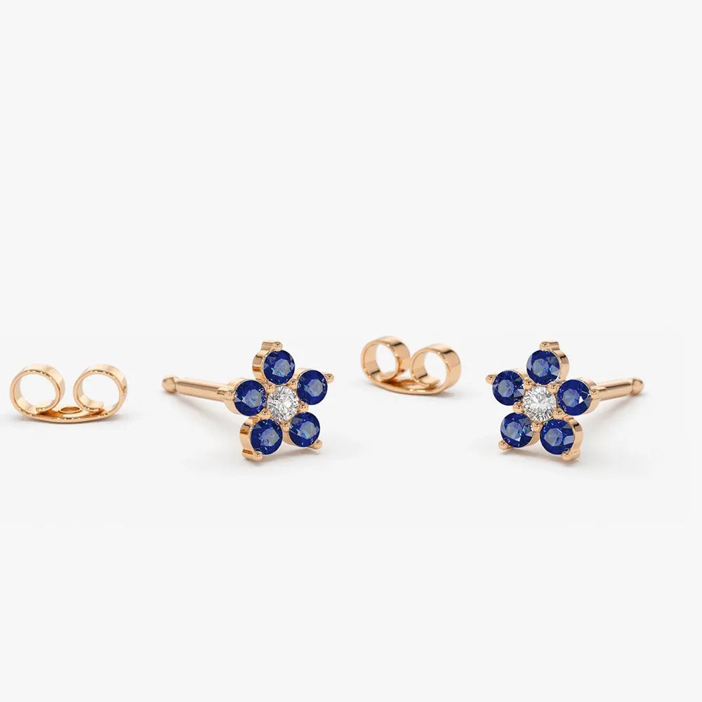14k Solid Gold Blue Sapphire and Round Diamond Flower Stud Earrings 0.32 ctw