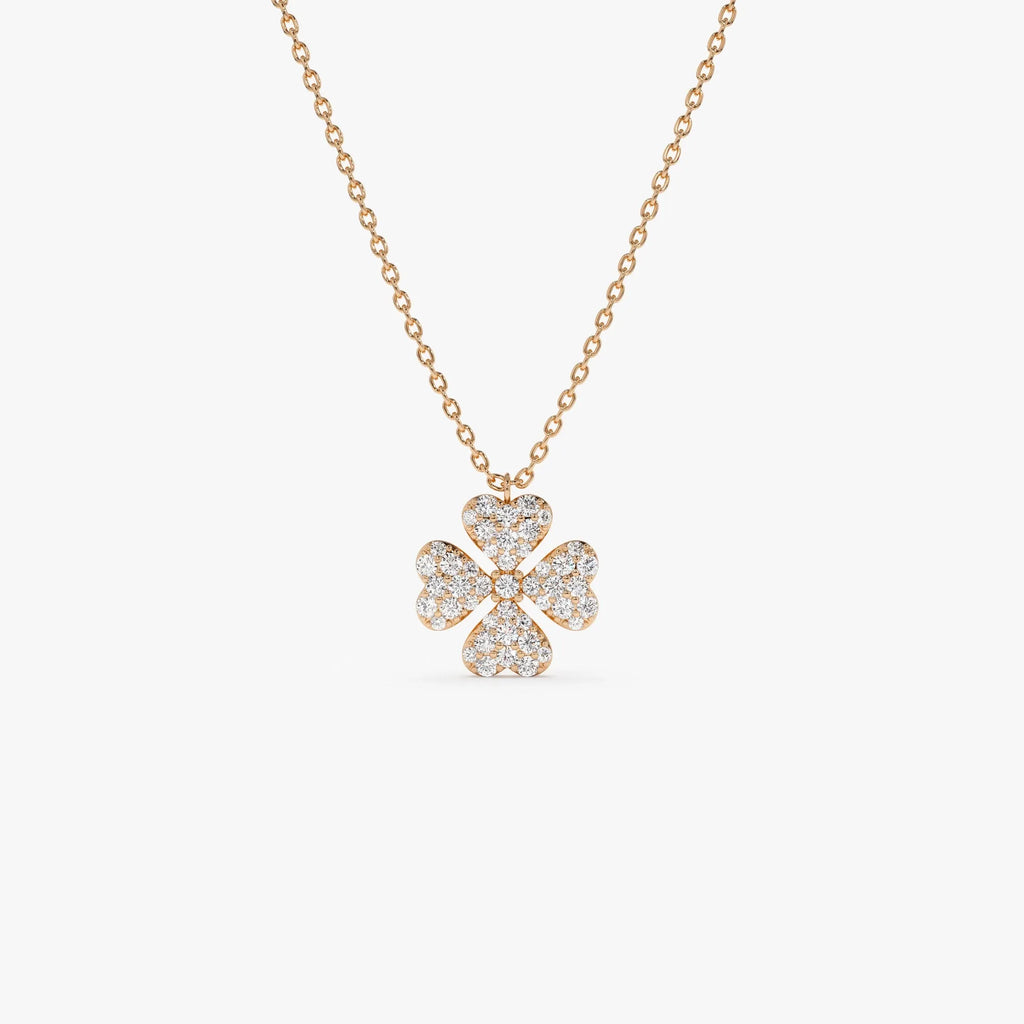 14K Solid Gold 0.25 CTW Round Diamond Clover Necklace