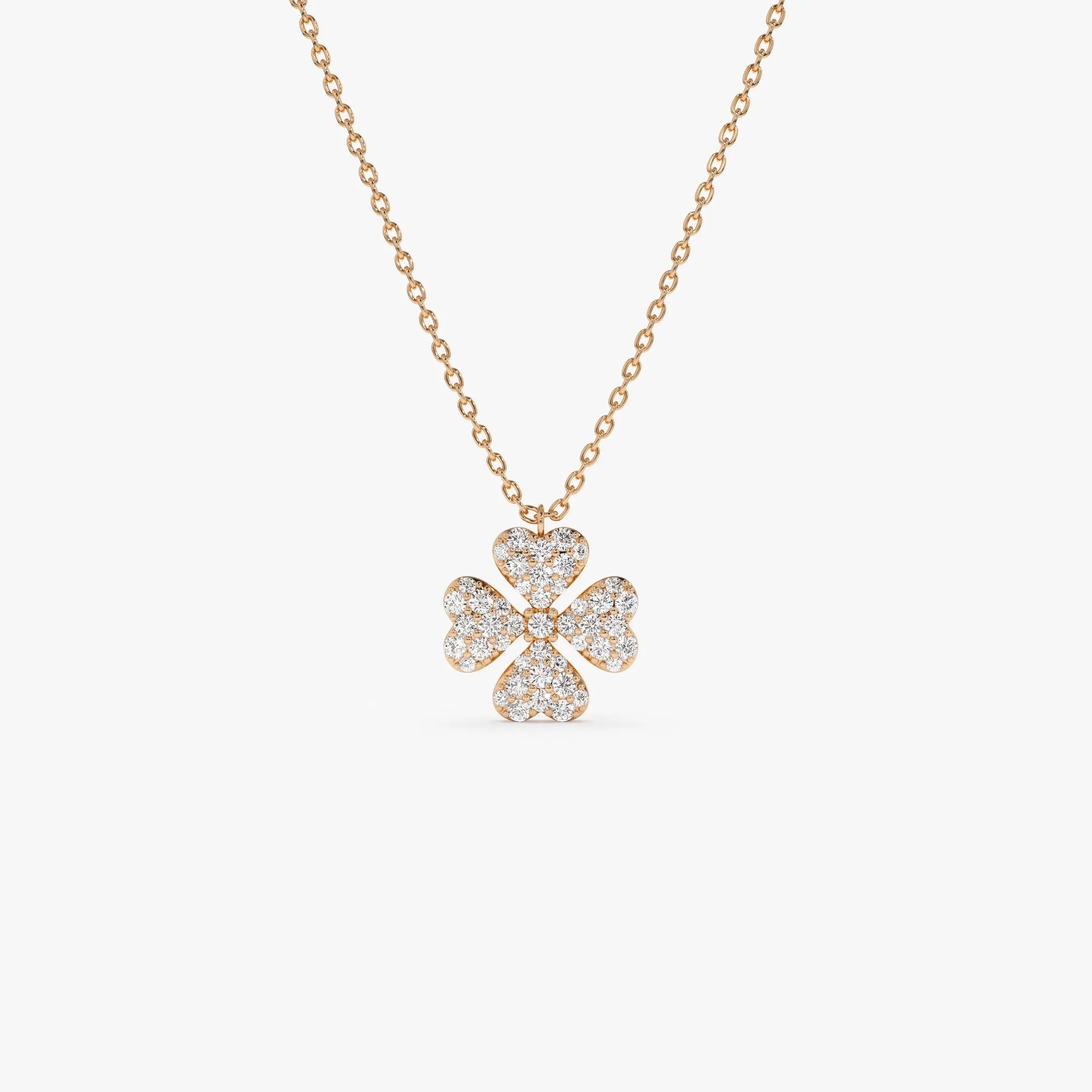 14K Solid Gold 0.25 CTW Round Diamond Clover Necklace