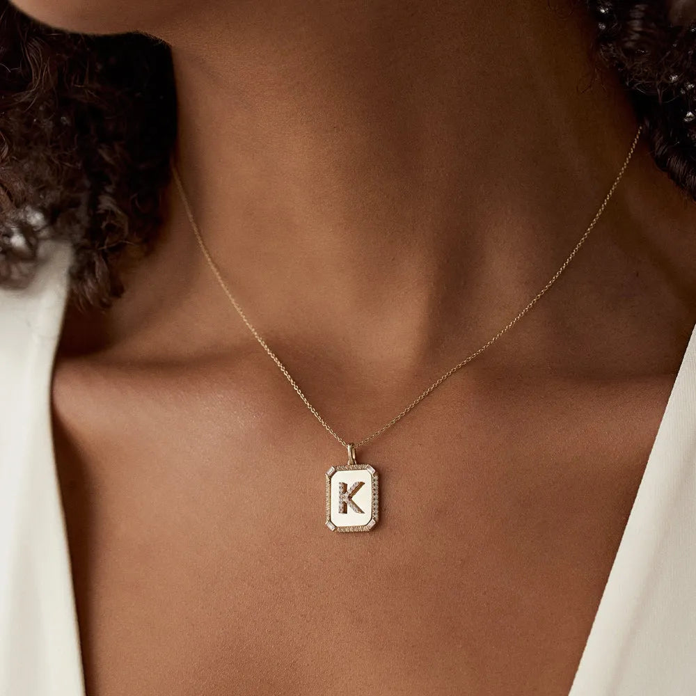14K Solid Gold Baguette and Round Diamond Tag Initial Pendant Necklace 0.38ctw