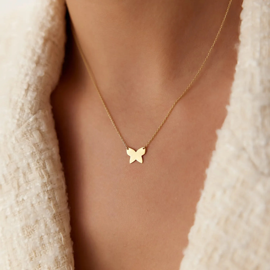 14k Solid Gold Butterfly Charm Pendant Necklace