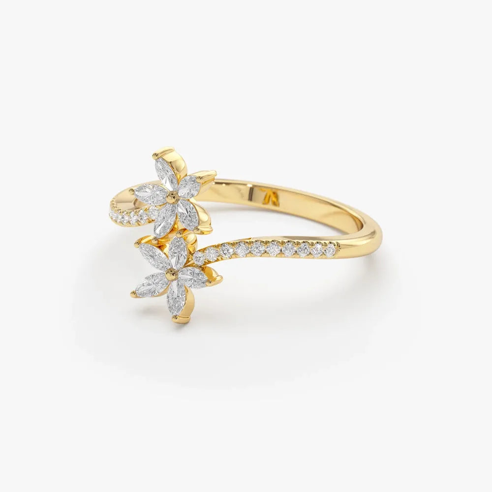 14k Gold 0.39 ctw Marquise and Round Diamond Flower Bypass Ring