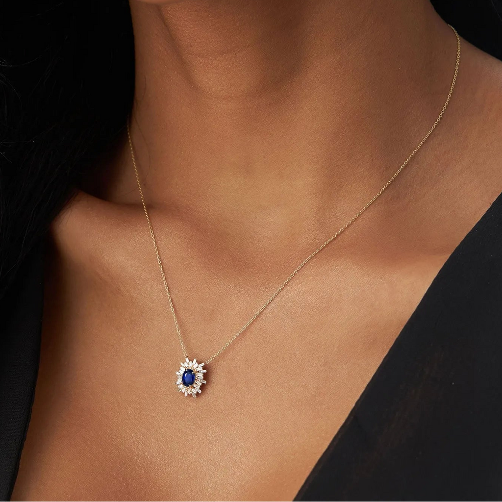 14k Solid Gold Sapphire and Diamond Oval Baguette Ballerina Necklace 0.71 Carat Prong Setting