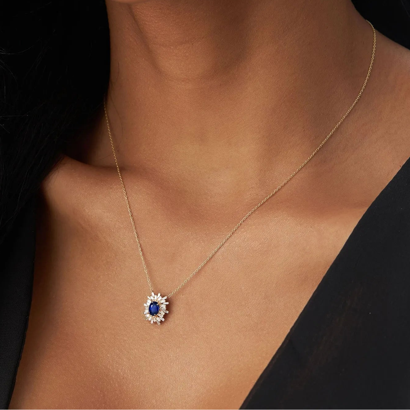 14k Solid Gold Sapphire and Diamond Oval Baguette Ballerina Necklace 0.71 Carat Prong Setting