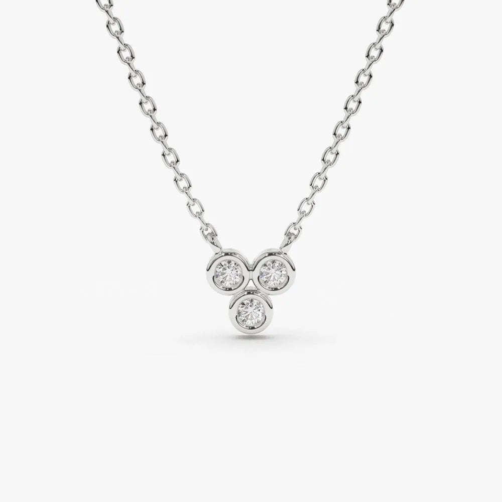 14K Solid Gold Round Diamond Trio Necklace Bezel Set 0.09ctw
