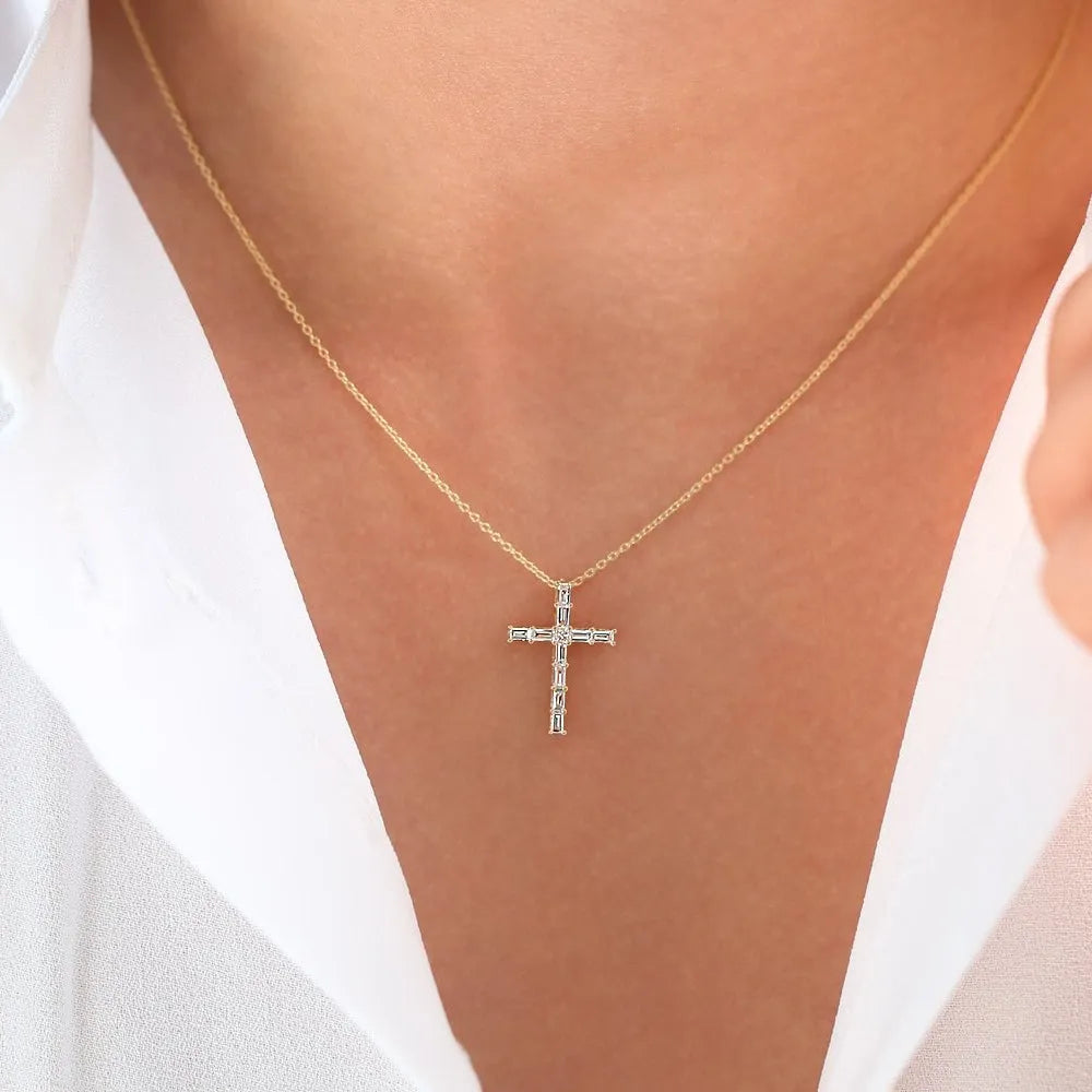 14K Solid Gold Baguette and Princess Cut Diamond Cross Pendant Necklace 0.38ctw