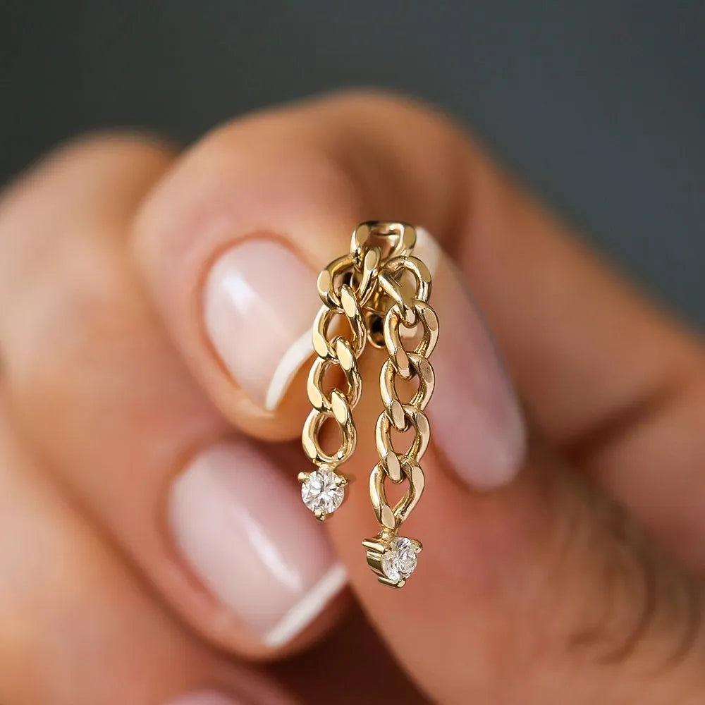 14k Gold Diamond Round Cut Cuban Link Earrings 3 Prong Setting 0.20 ctw