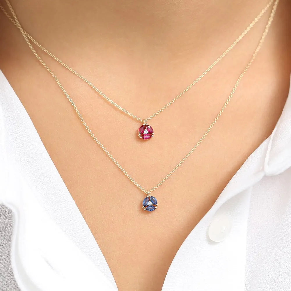 14k Solid Gold Marquise Sapphire 0.32 CTW and Round Diamond 0.01 CTW Cluster Necklace