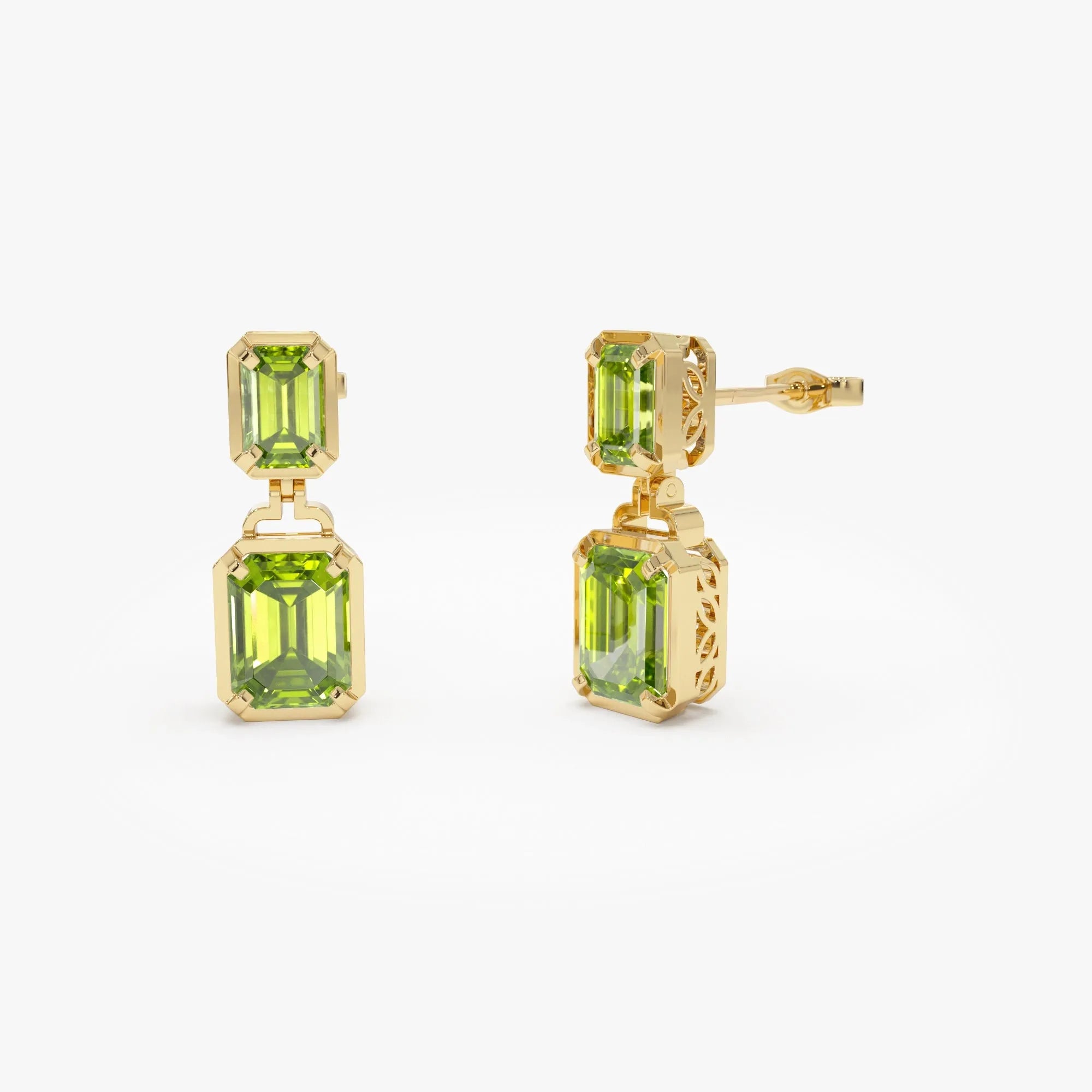 14K Solid Gold Octagon Cut Peridot Dangle Drop Earrings 4.50ctw