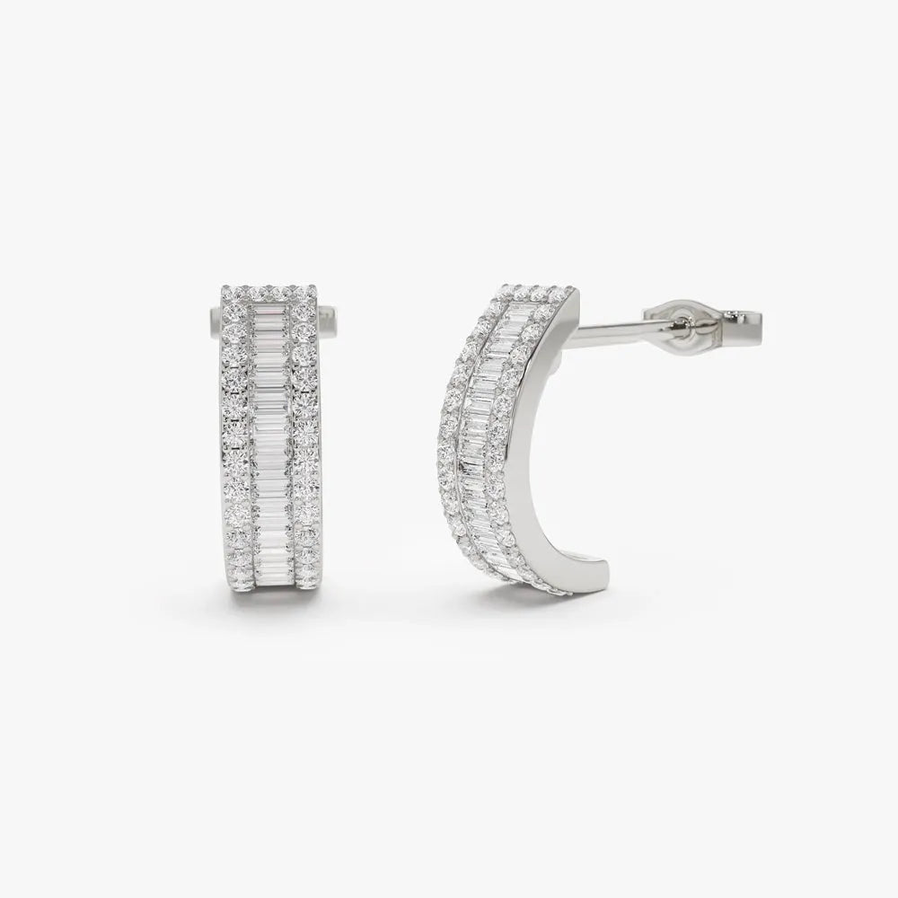 14k Gold Diamond Baguette and Round Cut Micro Pave Hoop Earrings 0.75 ctw