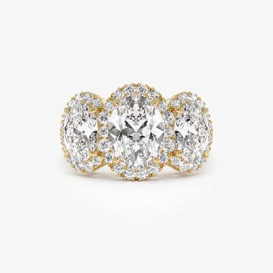 14K Gold 3.35 ctw Lab Grown Diamond Oval Cut Three Stone Halo Engagement Ring