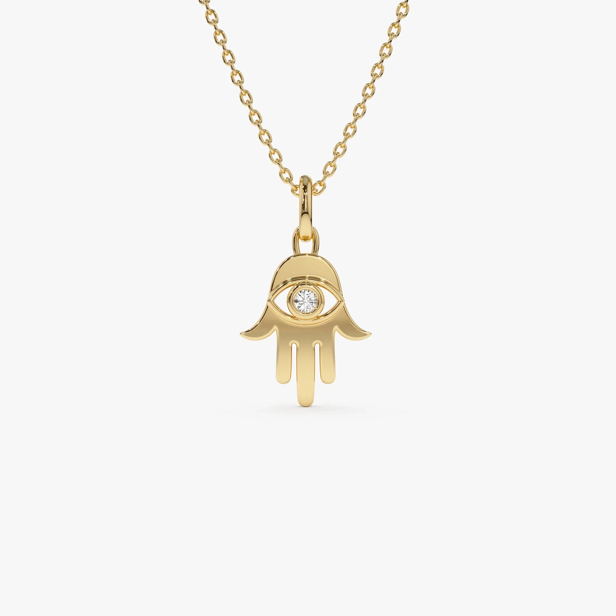 14K Solid Gold 0.04 CTW Round Diamond Hamsa Hand Necklace