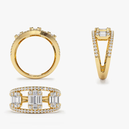 14K Gold 0.80 Carat Baguette and Round Diamond Illusion Setting Cocktail Ring