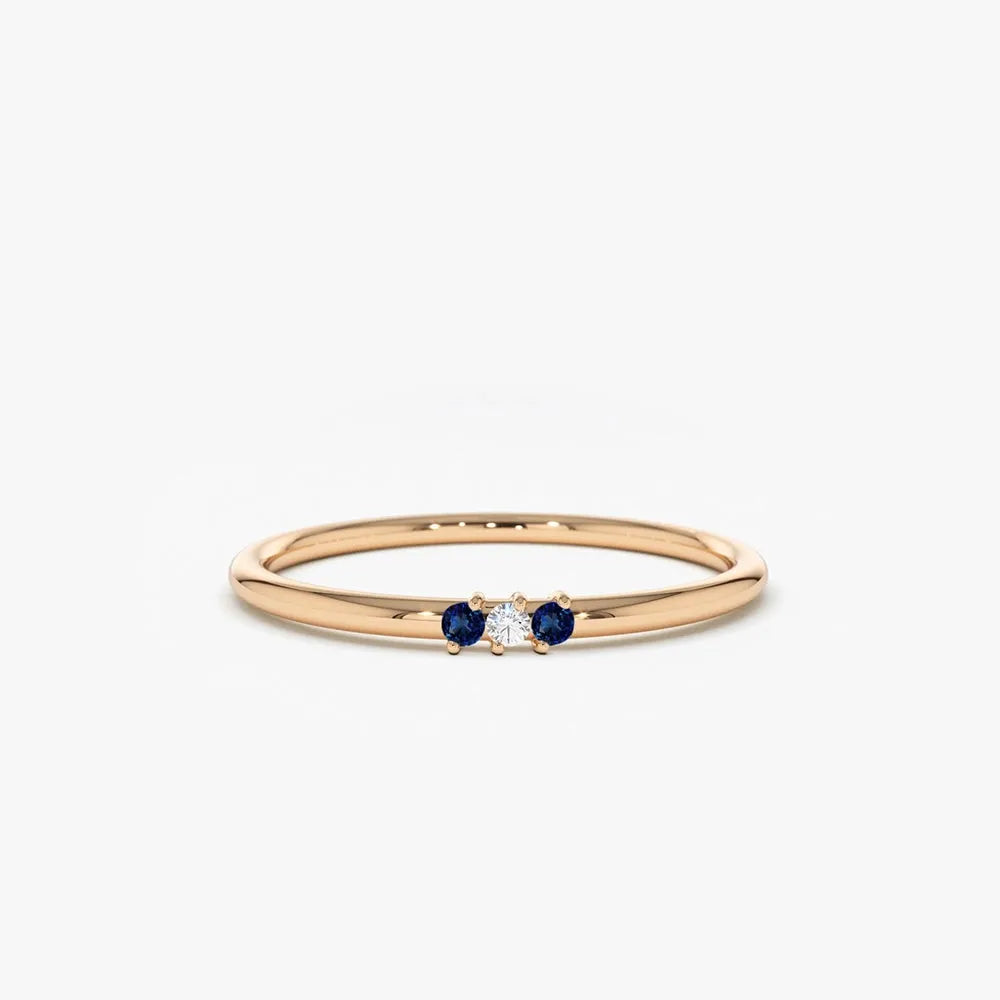 14k Gold Sapphire and Diamond Round Cut Minimal Three Stone Ring 0.06 ctw