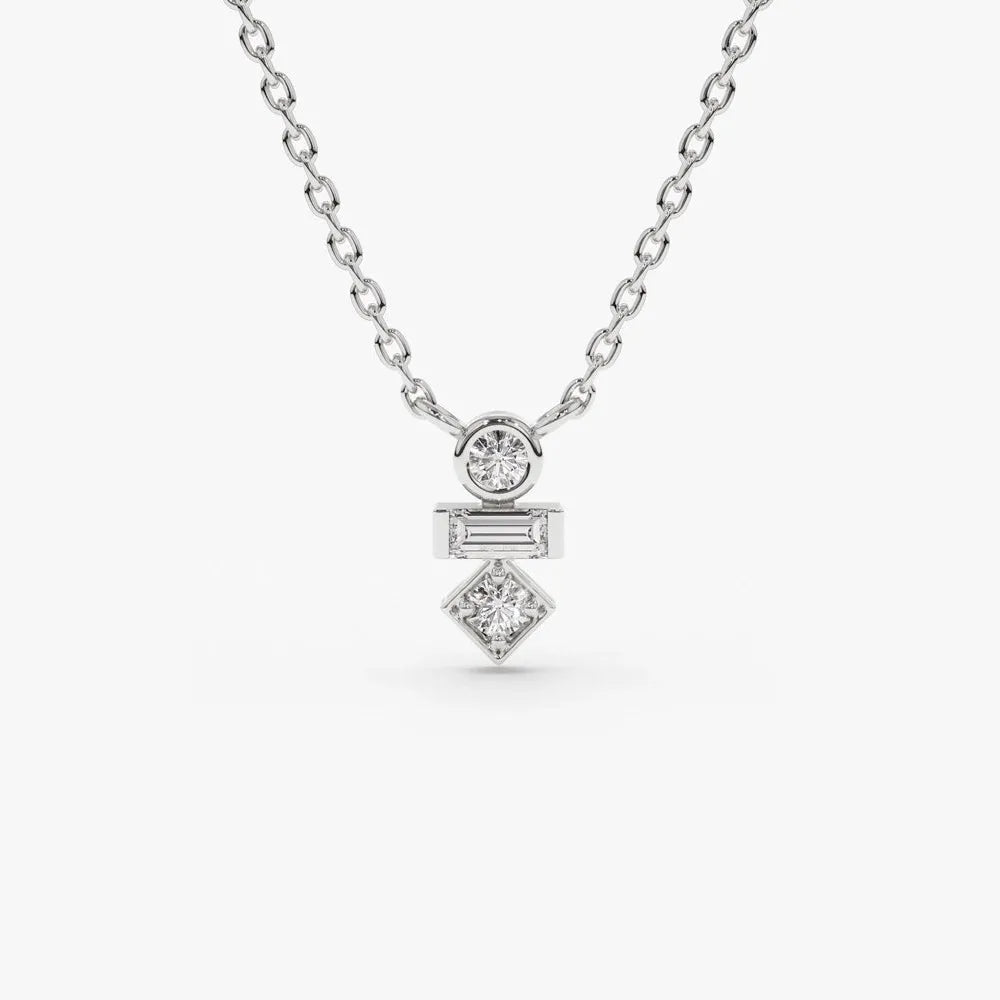 14K Solid Gold Baguette and Round Diamond Necklace Bezel and Channel Setting 0.13ctw
