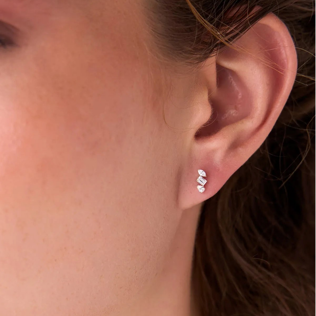 14k Gold Diamond Emerald Cut Marquise and Pear Stud Earrings 0.30 ctw