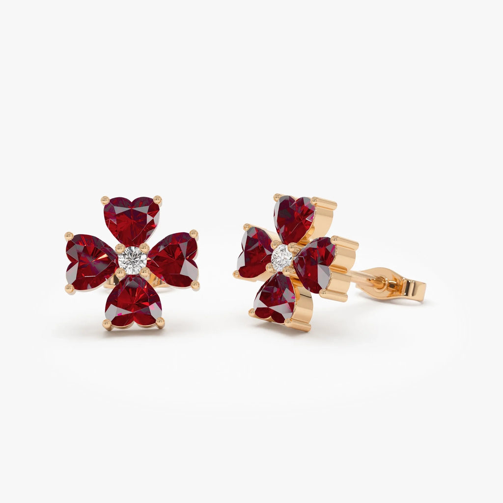 14K Solid Gold Heart Shaped Garnet and Diamond Four Leaf Clover Stud Earrings