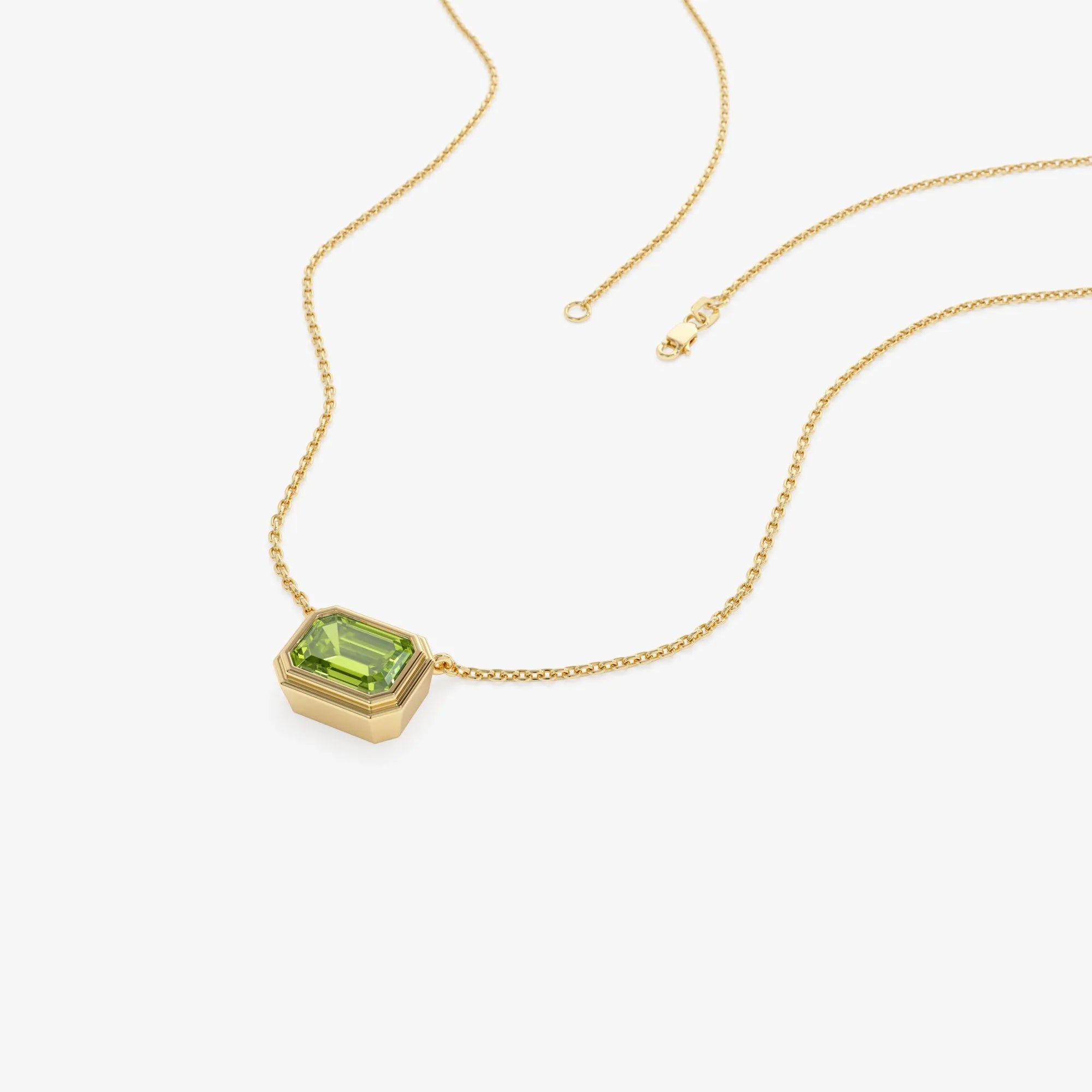 14k Solid Gold Peridot Emerald Cut Necklace 1.15 Carat Bezel Setting