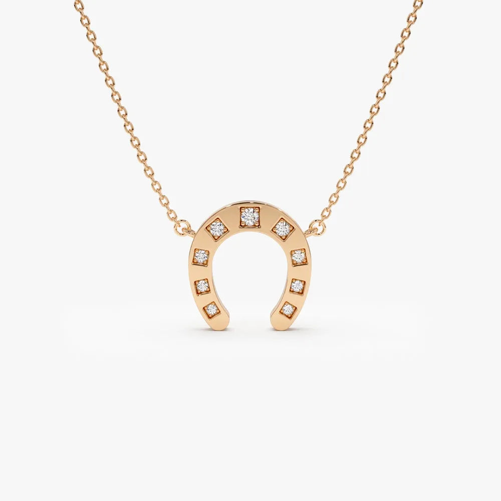 14K Solid Gold Round Diamond Horseshoe Pendant Necklace 0.13ctw