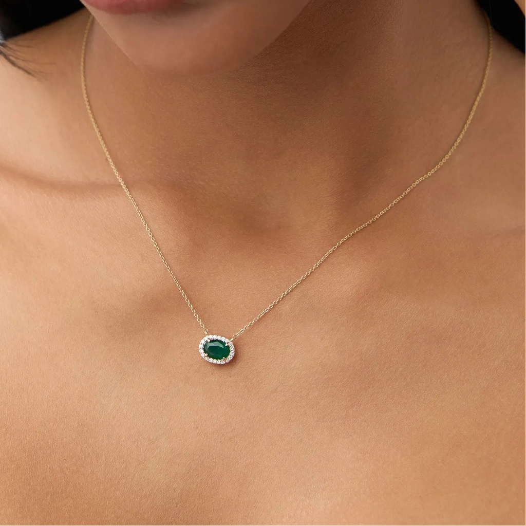 14k Solid Gold Octagon Emerald 0.75 CTW and Round Diamond 0.10 CTW Halo Pendant Necklace