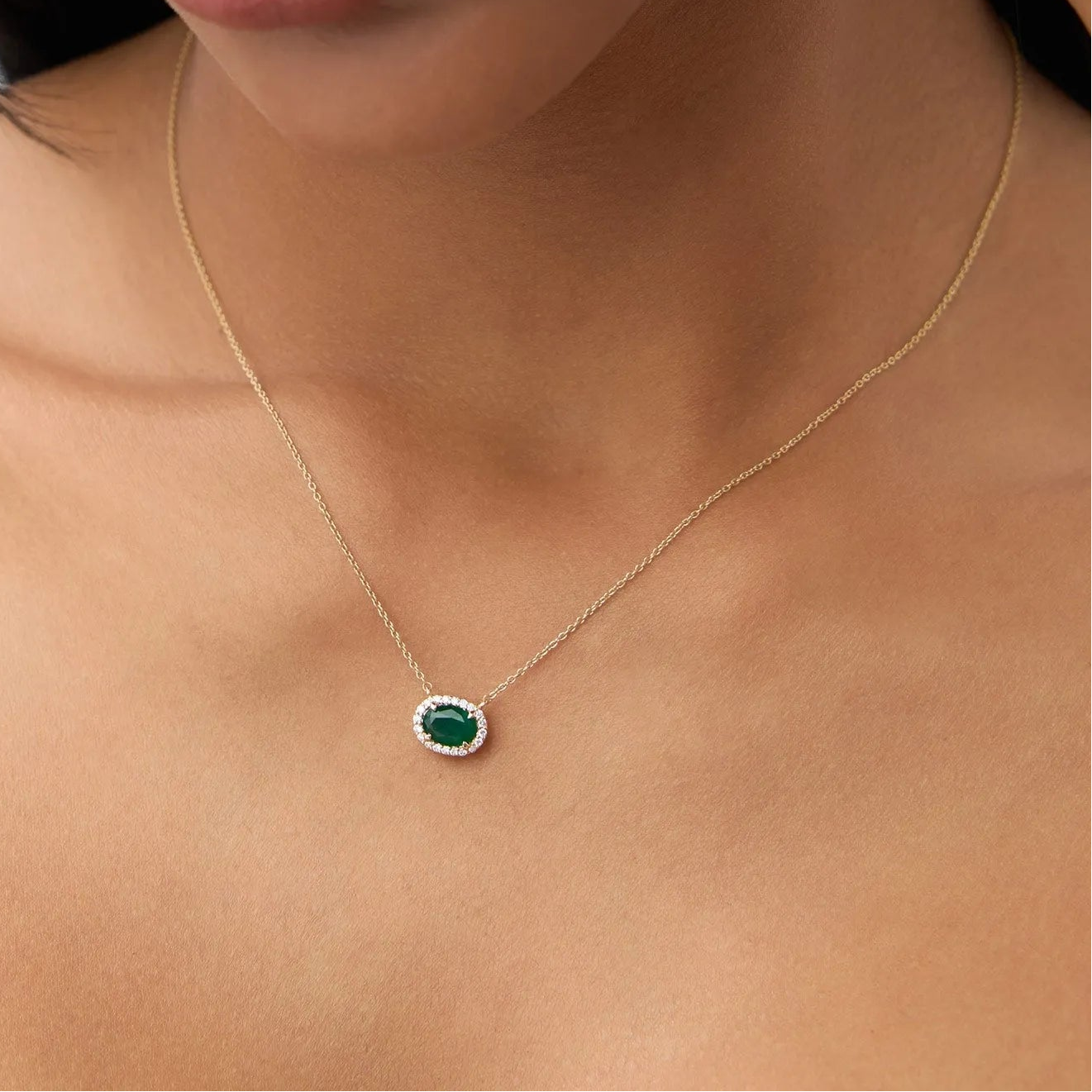14k Solid Gold Octagon Emerald 0.75 CTW and Round Diamond 0.10 CTW Halo Pendant Necklace