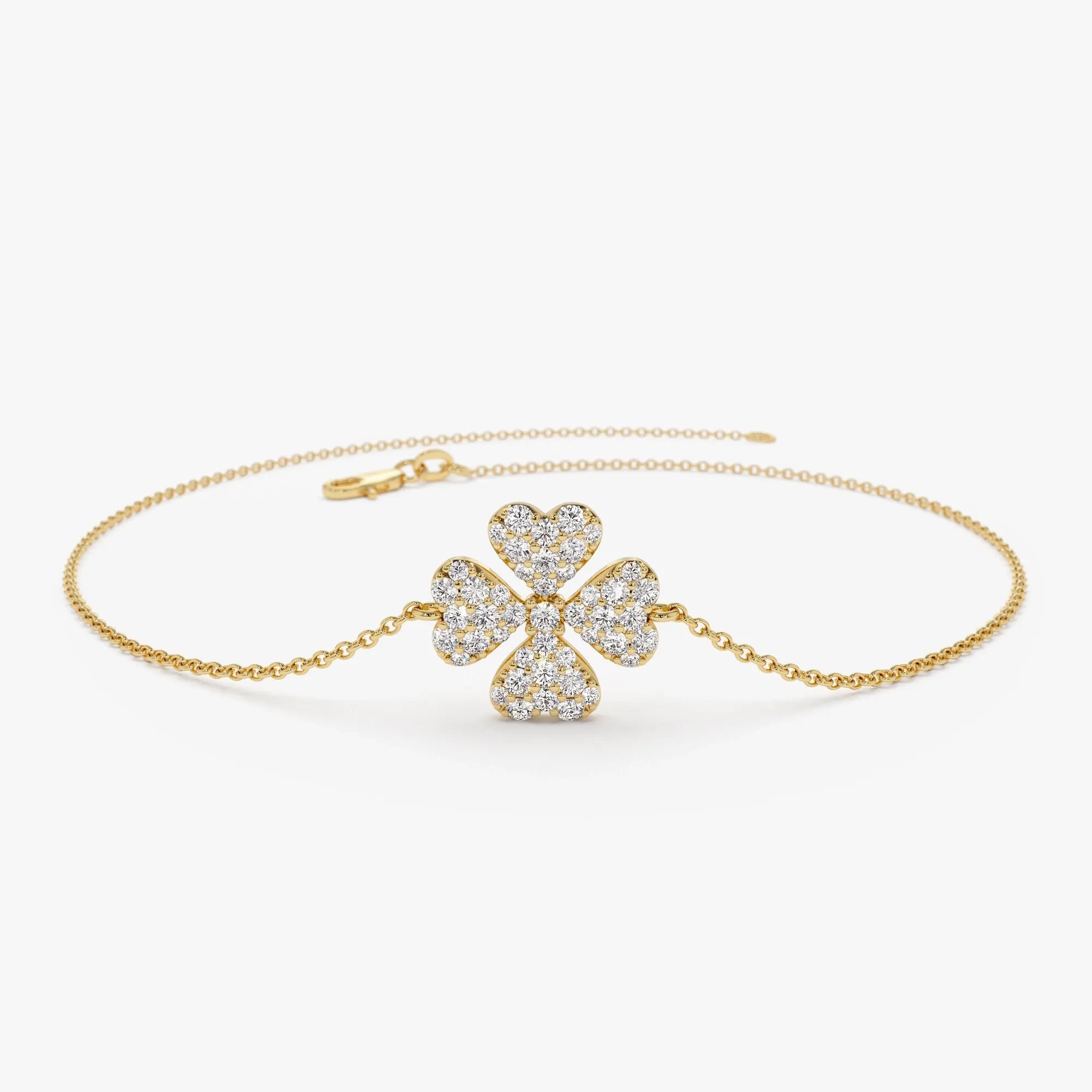 14K Solid Gold 0.25 CTW Round Diamond Clover Charm Bracelet