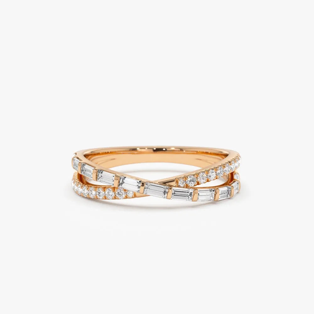 14k Gold 0.49 Carat Round and Baguette Diamond Crossover Ring