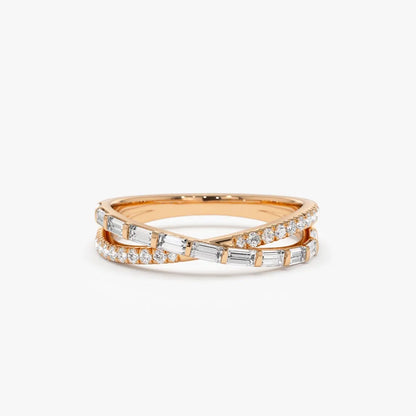 14k Gold 0.49 Carat Round and Baguette Diamond Crossover Ring