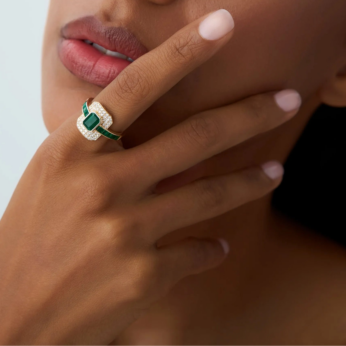 14K Gold Emerald Cut and Square Emerald Round Diamond Art Deco Ring 2.30 CTW