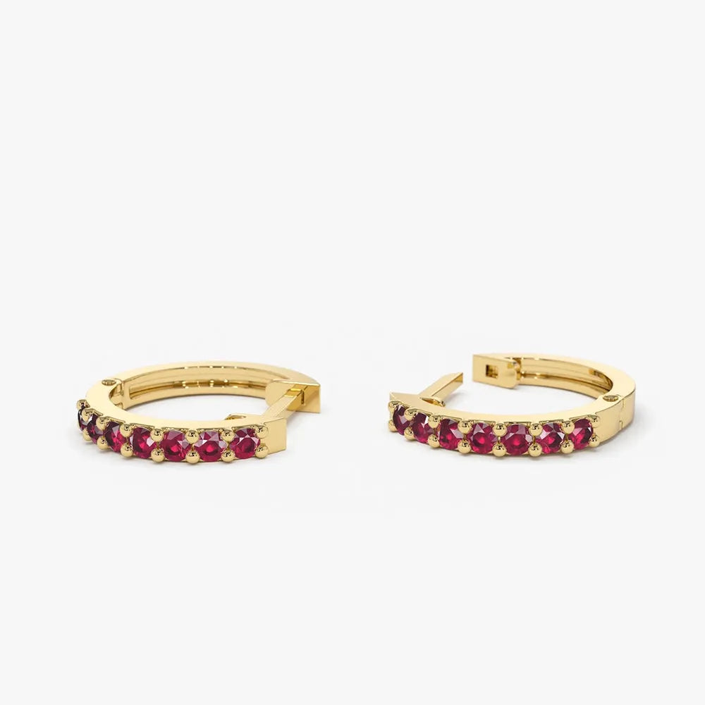 14K Solid Gold Round Ruby Huggie Hoop Earrings 0.35ctw