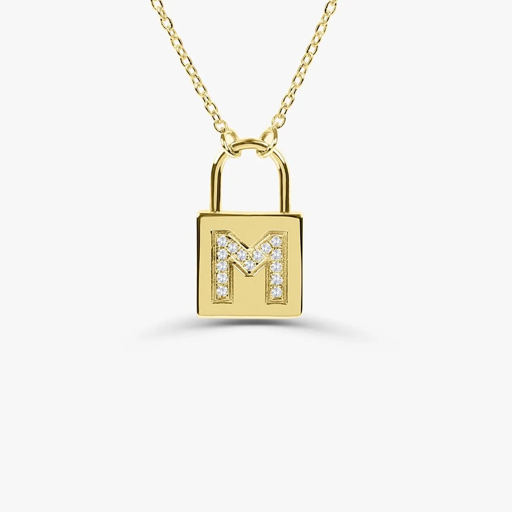 14K Solid Gold Round Diamond Micro Pave Padlock Initial Pendant Necklace 0.12ctw
