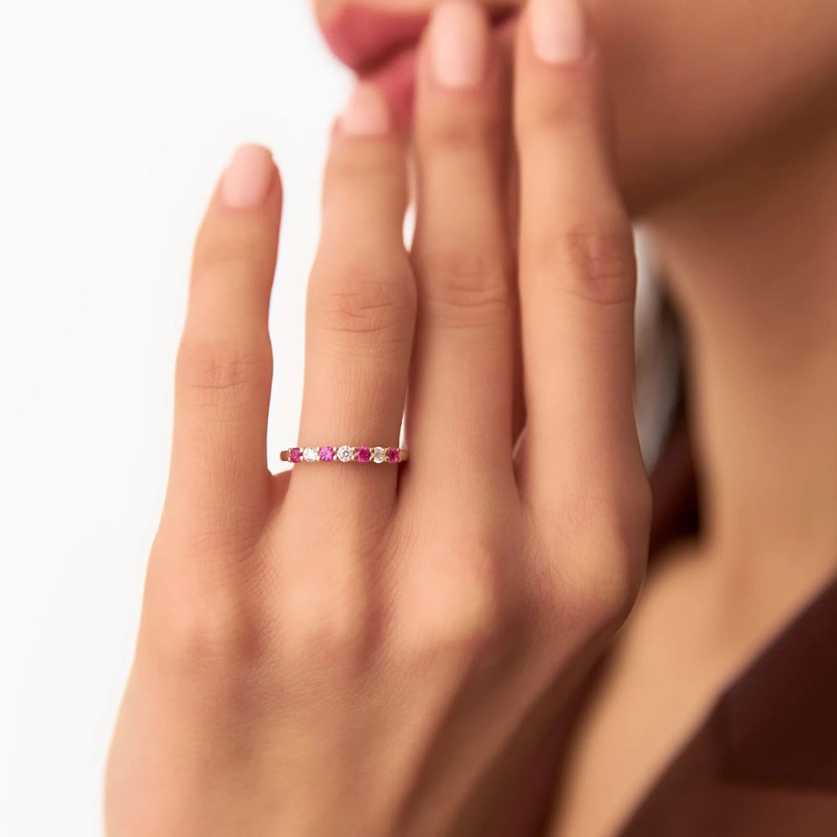 14k Gold Ruby and Diamond Round Cut 7 Stone Basket Setting Wedding Ring 0.43 ctw