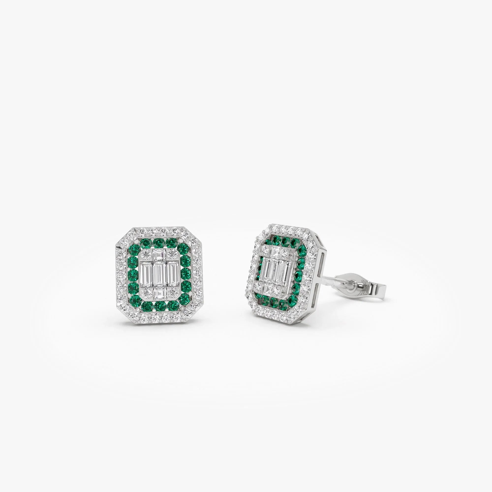 14k Solid Gold Round Emerald and Baguette Diamond Halo Stud Earrings 0.70 ctw