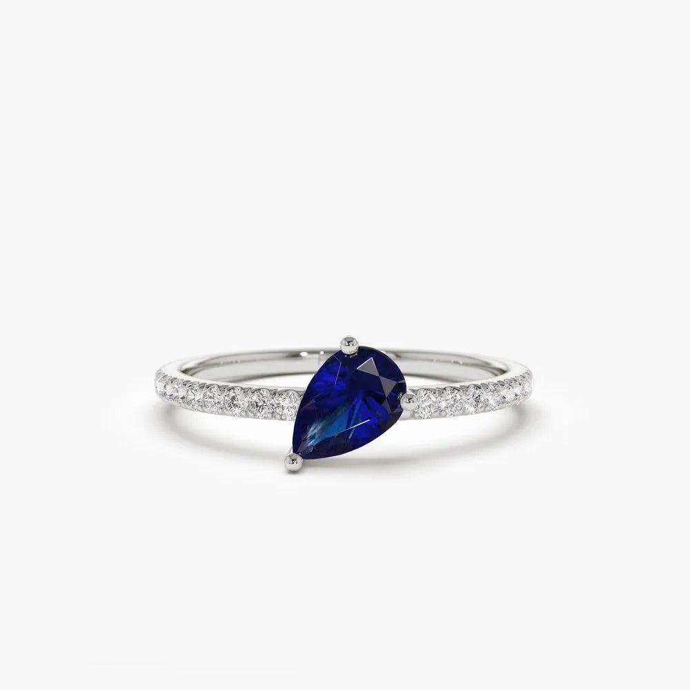 14k Gold Sapphire and Diamond Pear and Round Cut Slanted Pave Ring 0.67 ctw