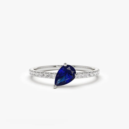 14k Gold Sapphire and Diamond Pear and Round Cut Slanted Pave Ring 0.67 ctw