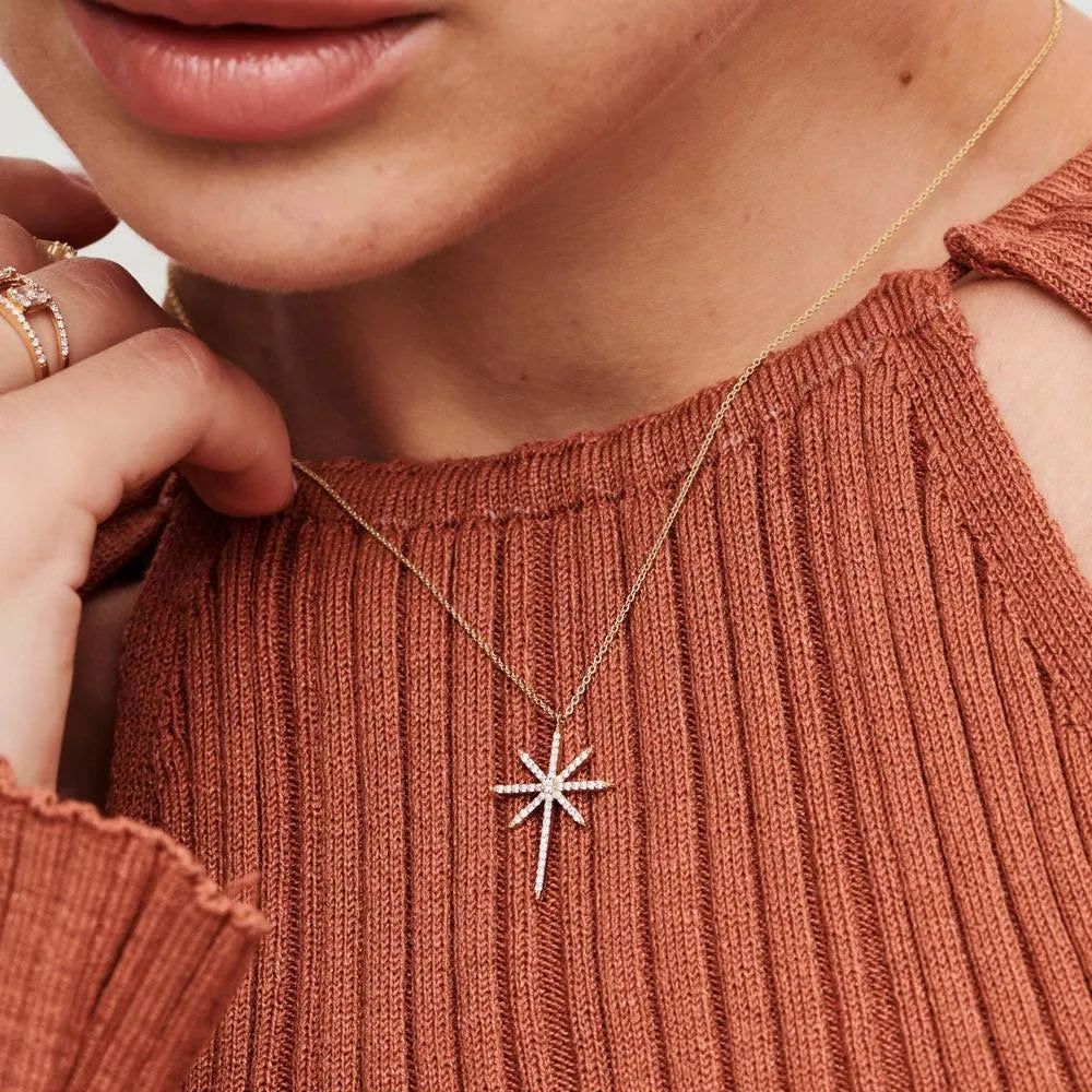 14K Solid Gold Round Diamond Celestial North Star Pendant Necklace 0.25ctw Prong Setting