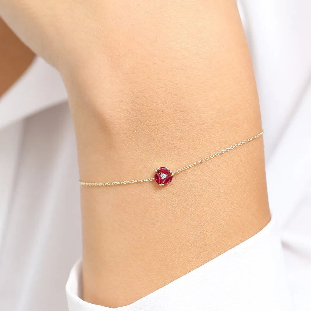 14K Solid Gold 0.30ctw Marquise Ruby and Round Diamond Cluster Bracelet