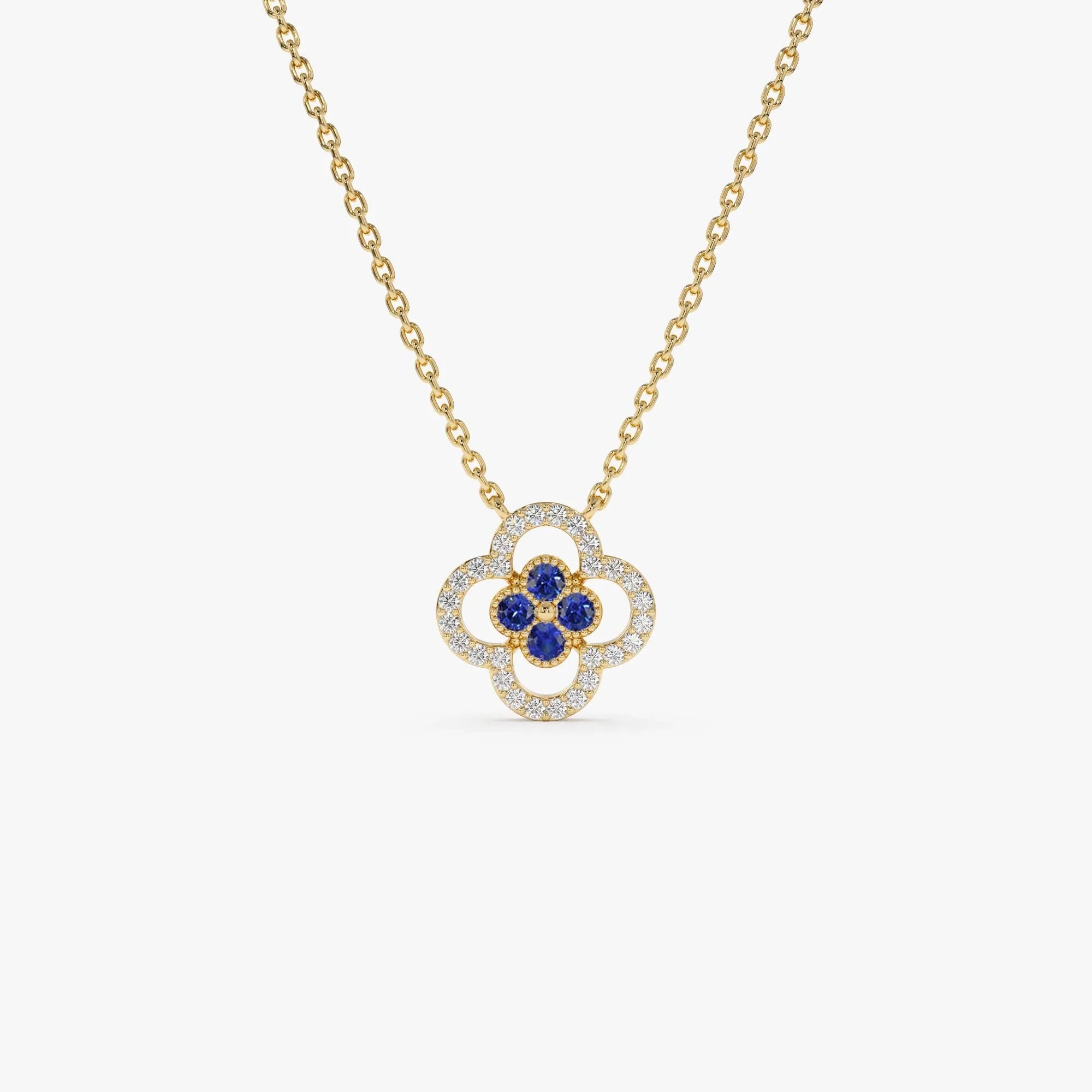 14k Solid Gold Sapphire and Diamond Round Clover Halo Pendant Necklace