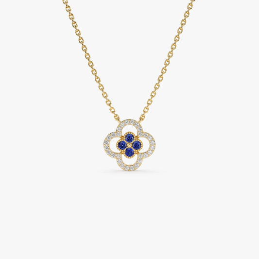 14k Solid Gold Sapphire and Diamond Round Clover Halo Pendant Necklace