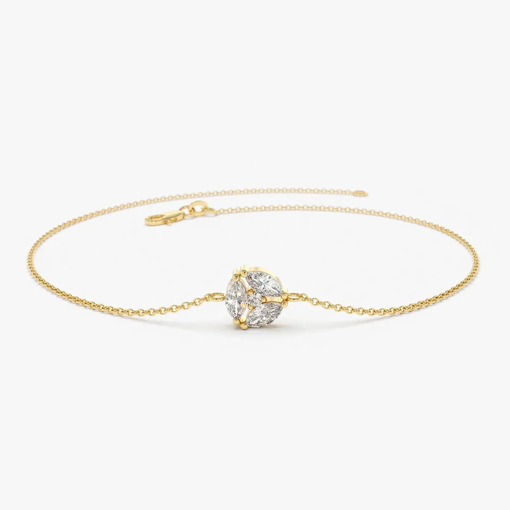 14K Solid Gold 0.16 CTW Marquise and Round Diamond Cluster Prong Set Bracelet