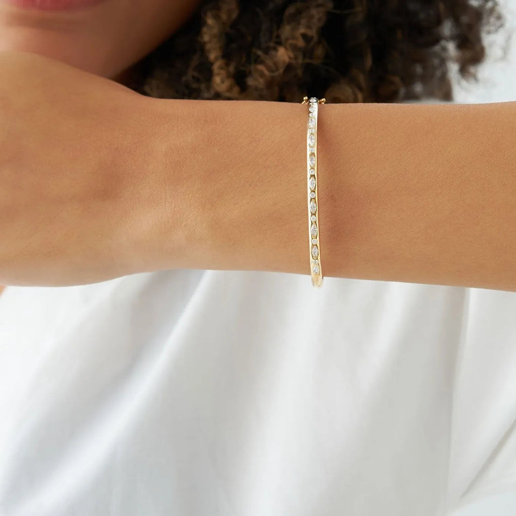 14K Solid Gold 0.65 CTW Marquise and Round Diamond Flush Setting Bangle