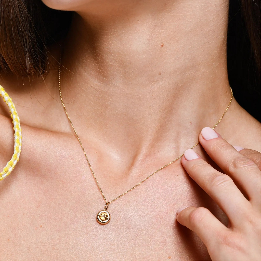 14k Solid Gold Round Citrine Charm Necklace 0.50 Carat Prong Setting