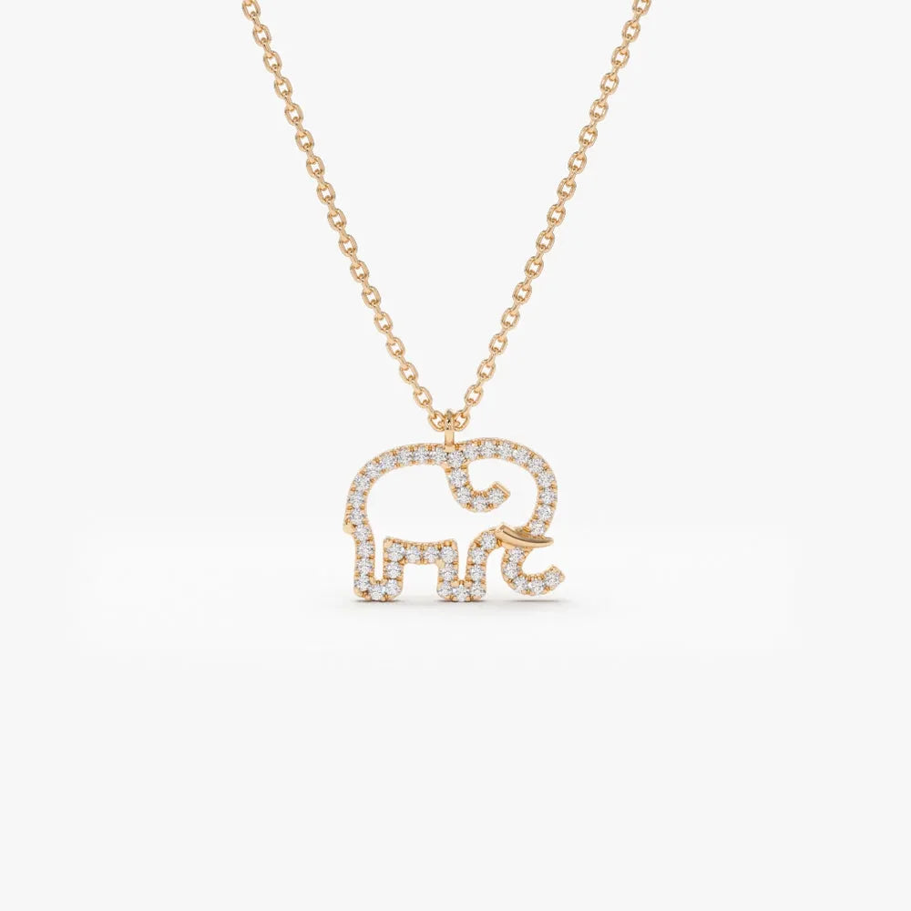 14K Solid Gold Round Diamond Micro Pave Elephant Charm Necklace 0.22ctw