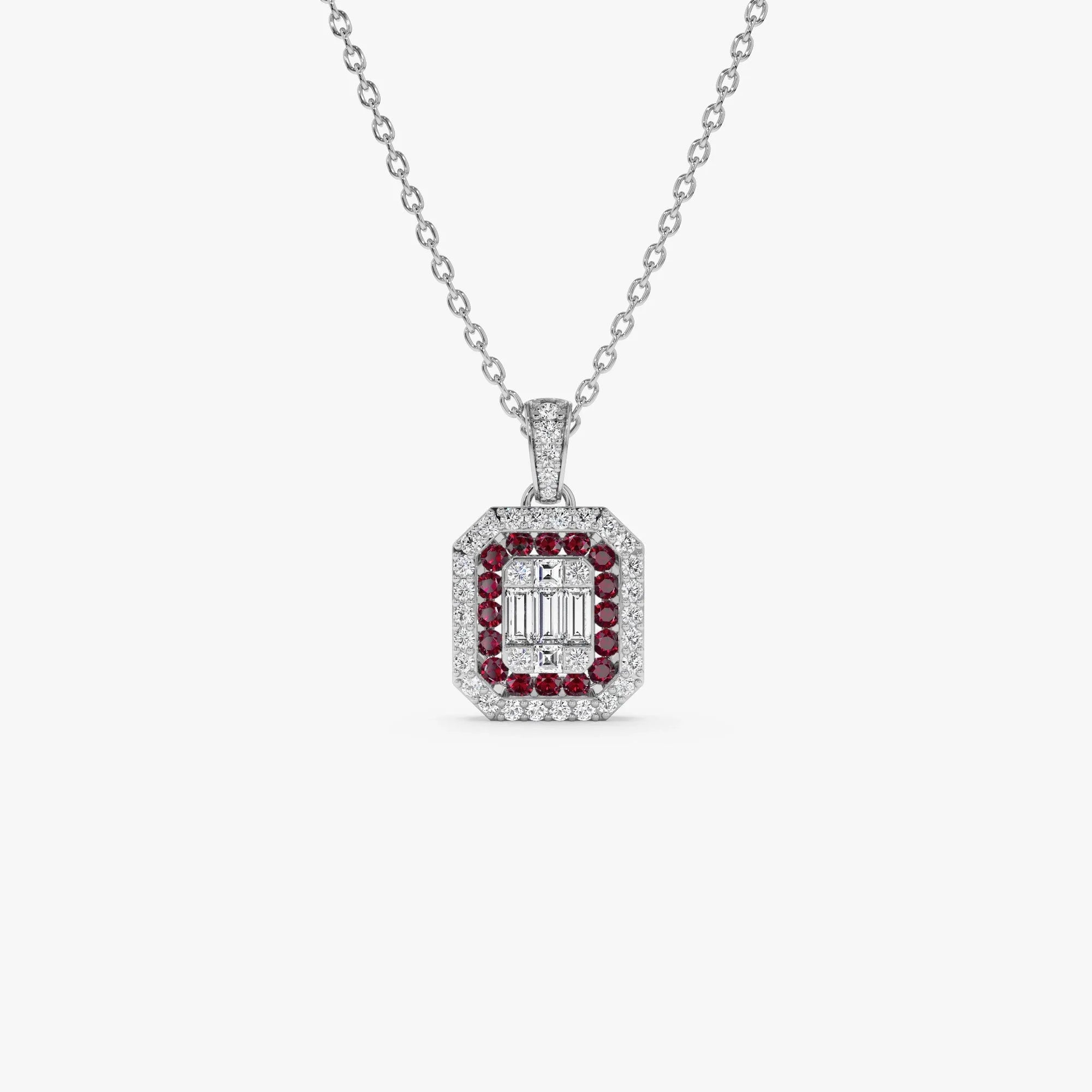 14k Solid Gold Ruby and Diamond Round Baguette Halo Necklace 0.50 Carat