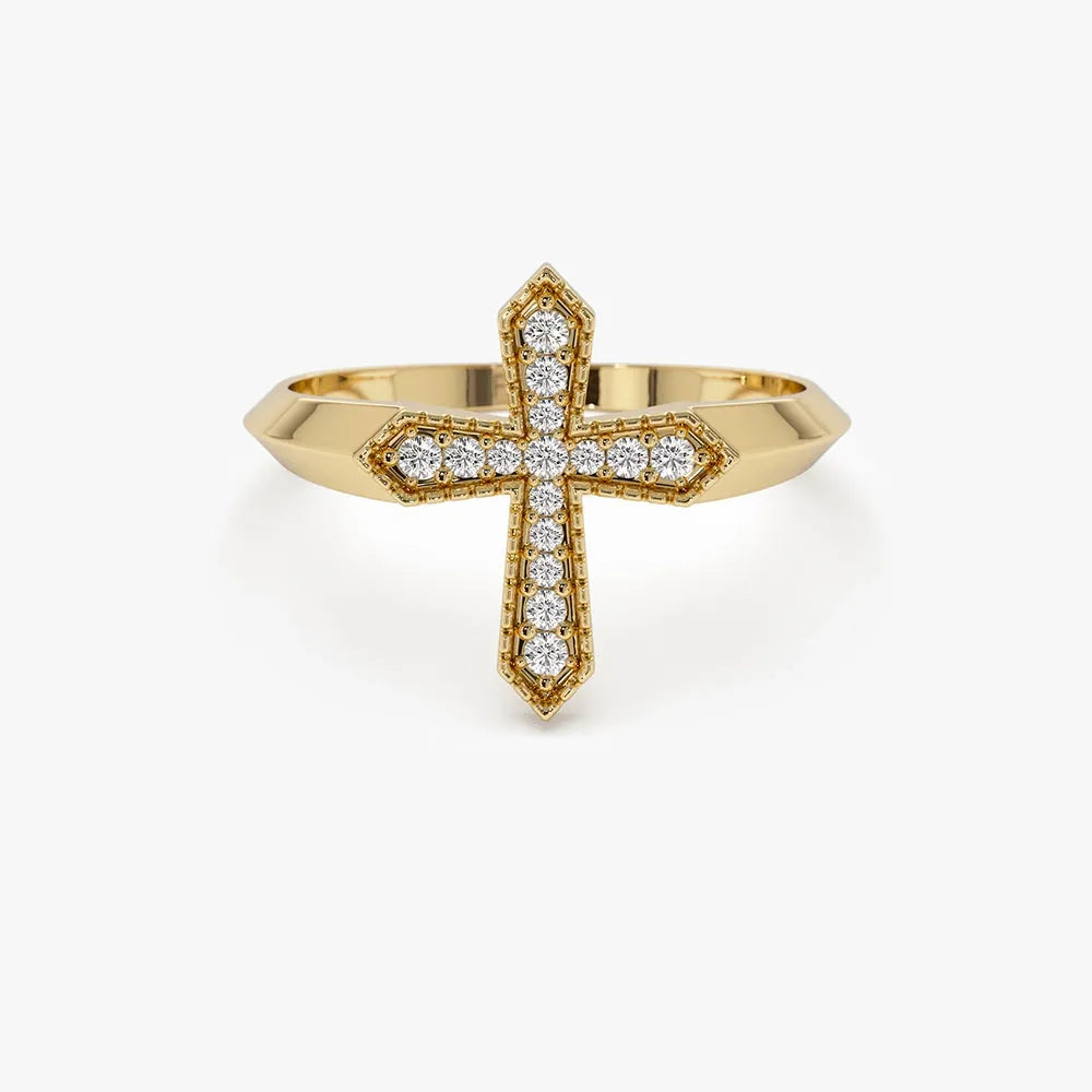14k Solid Gold Round Cut Diamond 0.18 ctw Cross Ring