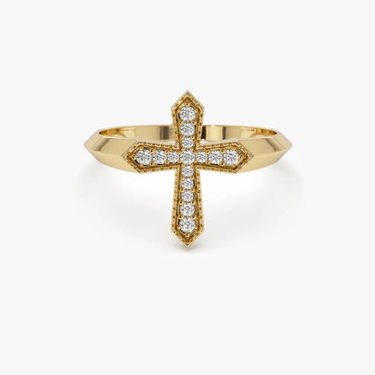 14k Solid Gold Round Cut Diamond 0.18 ctw Cross Ring
